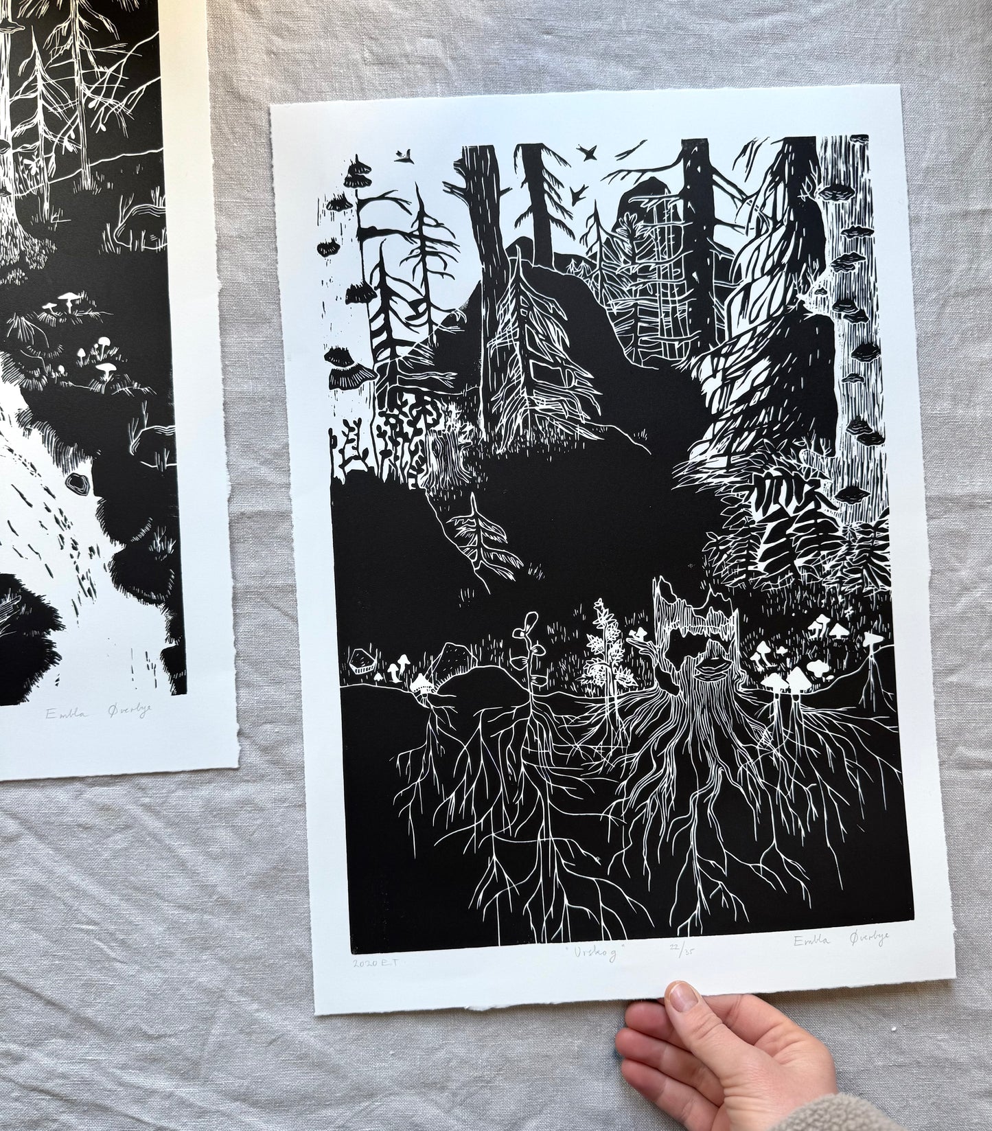 Urskog - Originalt stort linosnitt