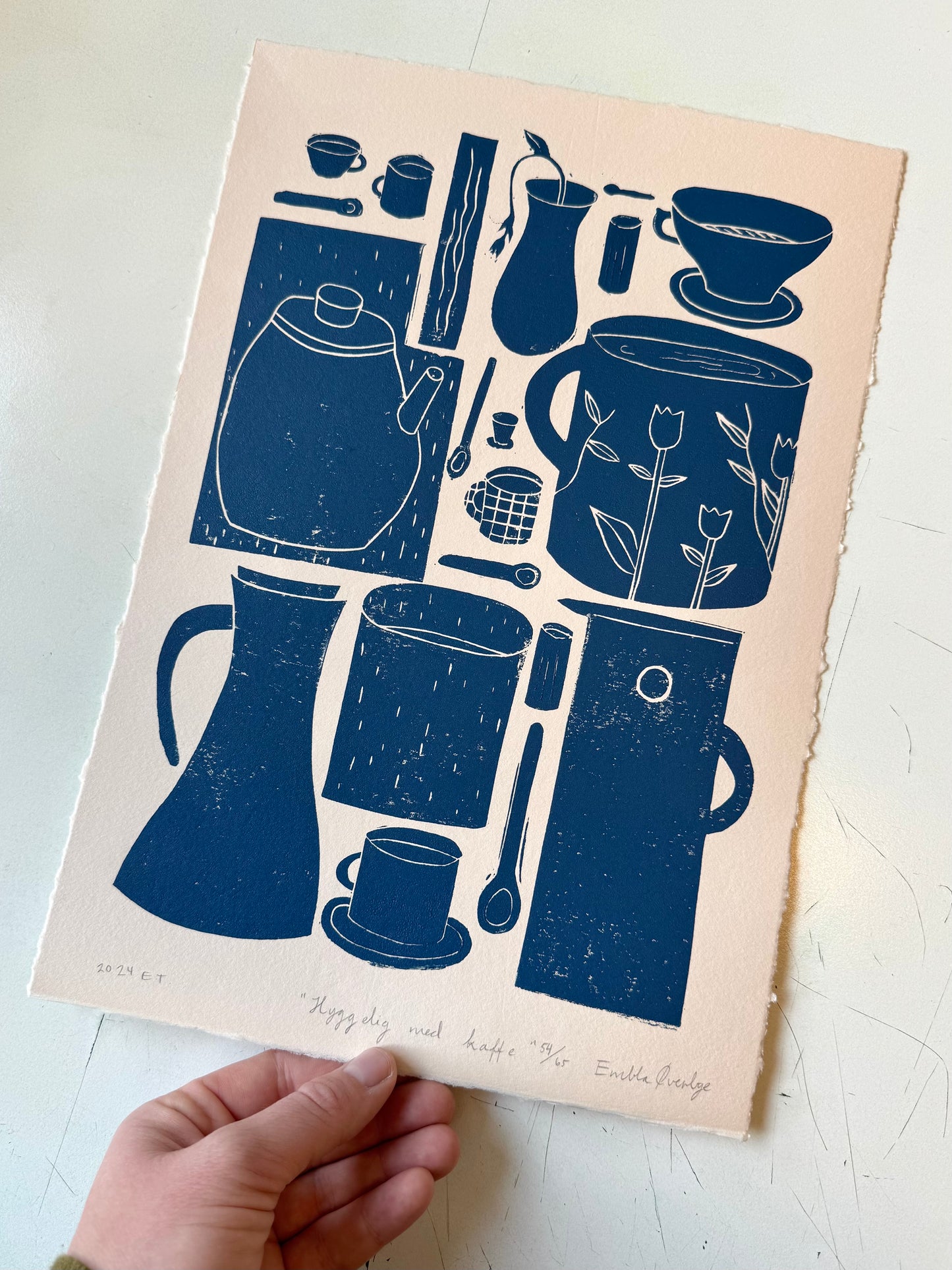 Hyggelig med kaffe  - flere farger - Originalt linosnitt