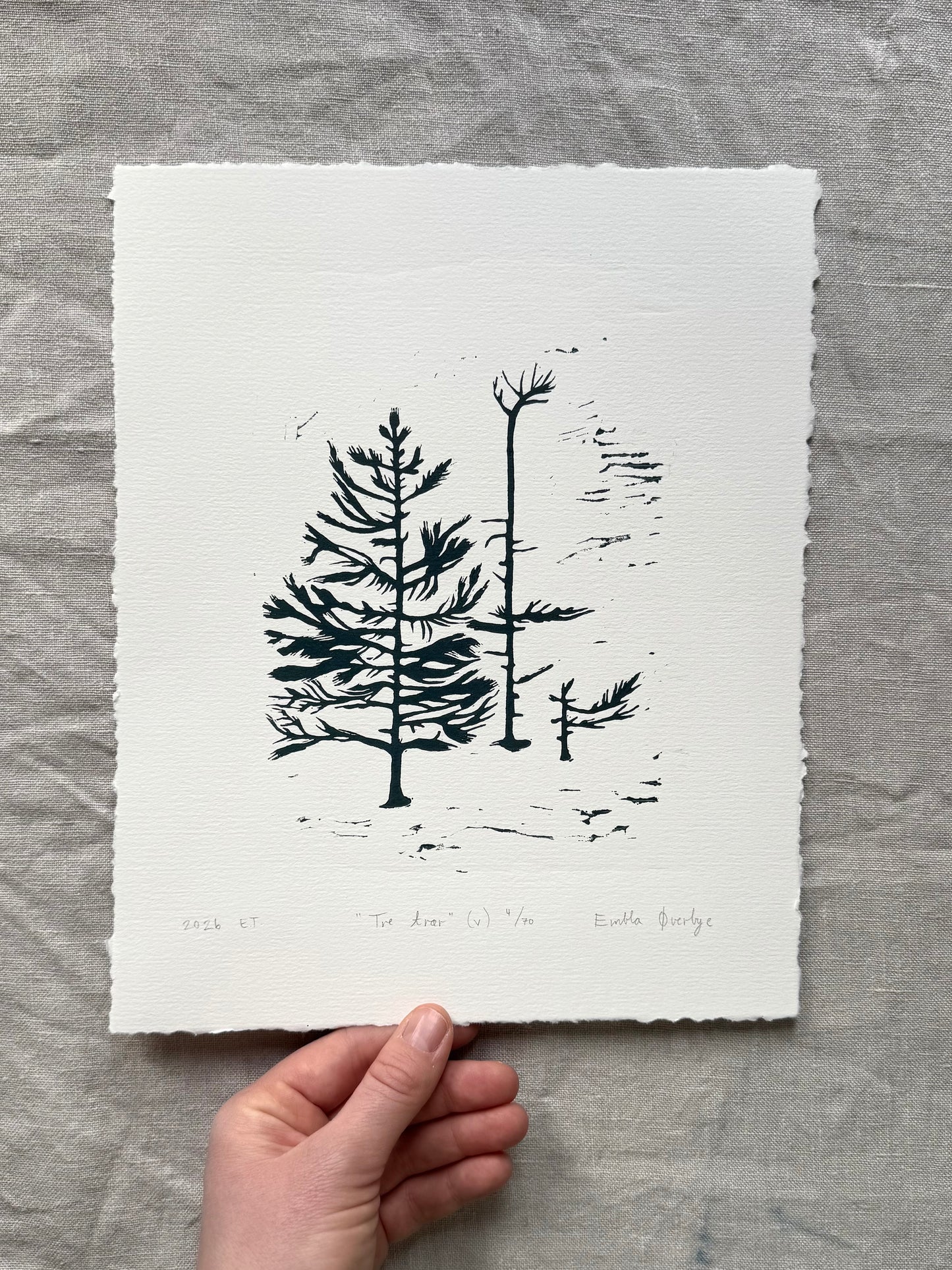 Tre trær (v) - Originalt linosnitt