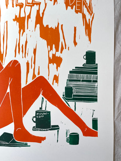 Slappe av - burgunder/brun/oransje - originalt linotrykk
