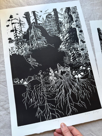 Urskog - Originalt stort linosnitt