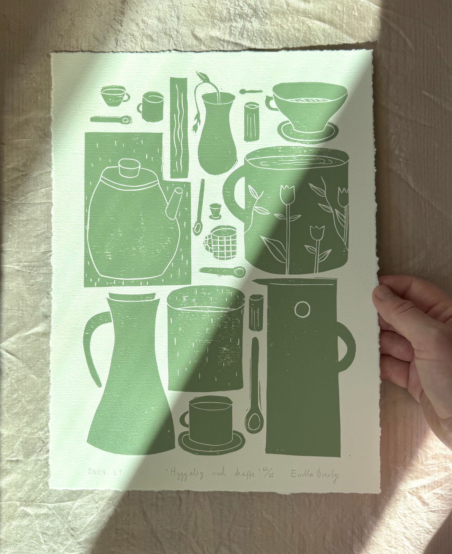 Hyggelig med kaffe  - flere farger - Originalt linosnitt