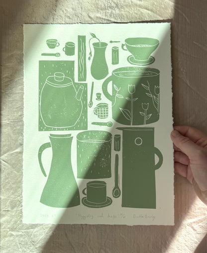 Hyggelig med kaffe  - flere farger - Originalt linosnitt