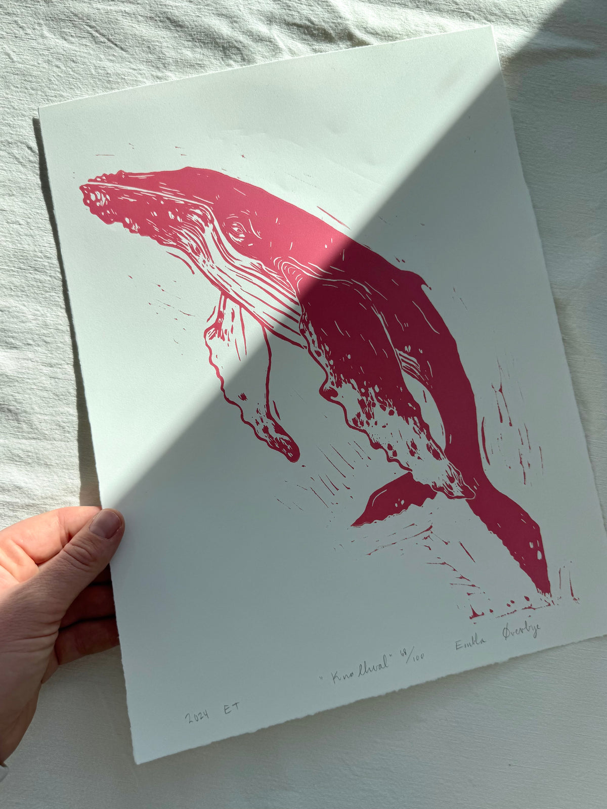 Knølhval - turkis/svart/rosa - Originalt linosnitt