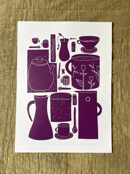 Hyggelig med kaffe  - flere farger - Originalt linosnitt