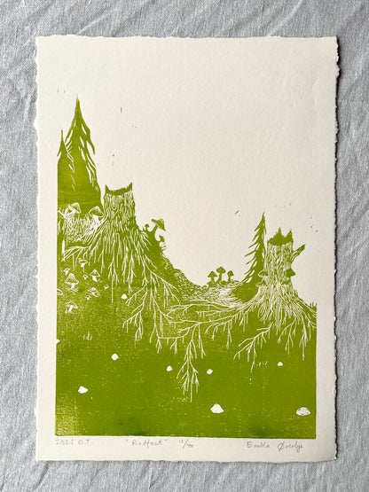 Rotfast - flere farger - Originalt linosnitt