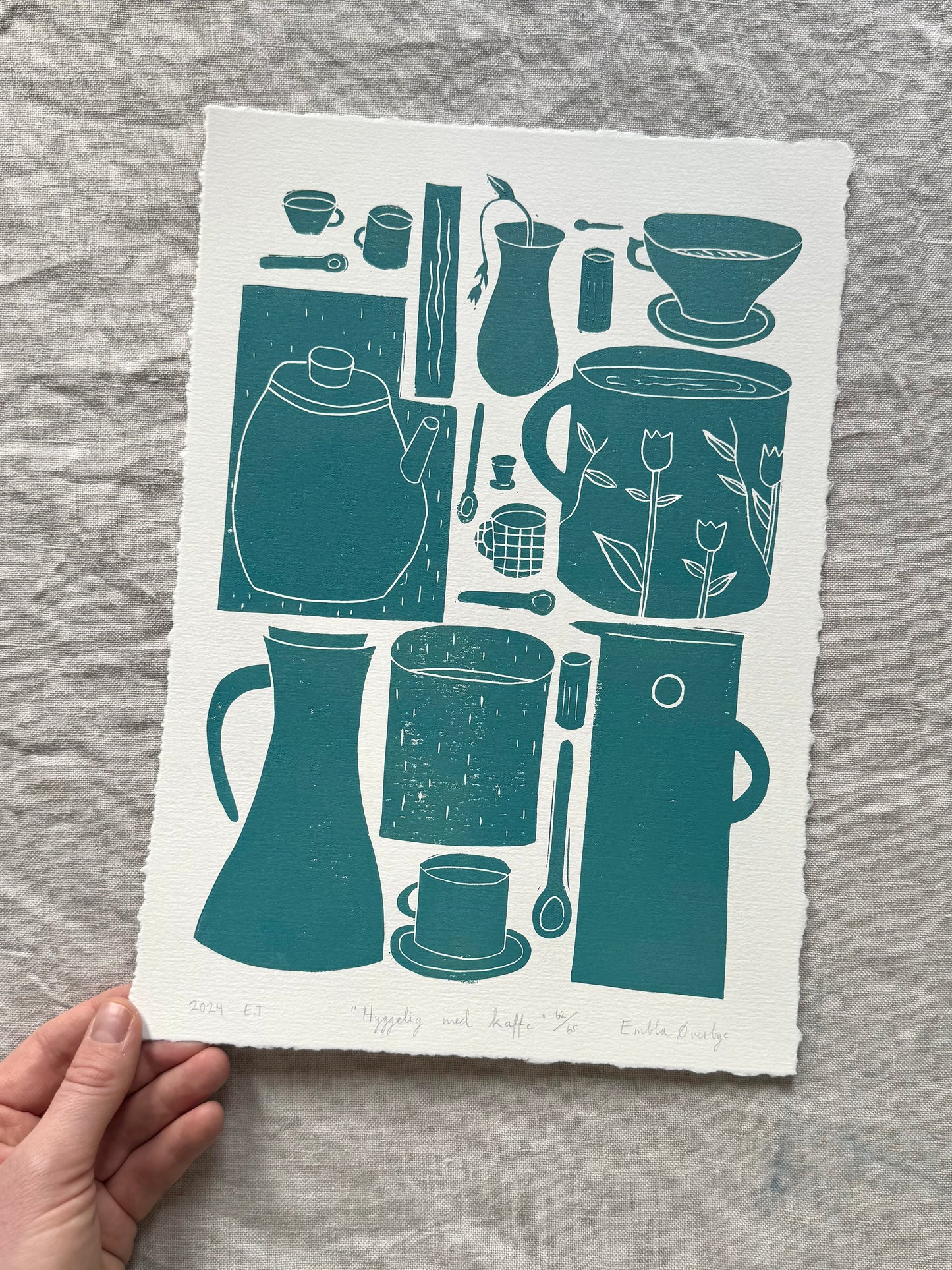 Hyggelig med kaffe  - flere farger - Originalt linosnitt