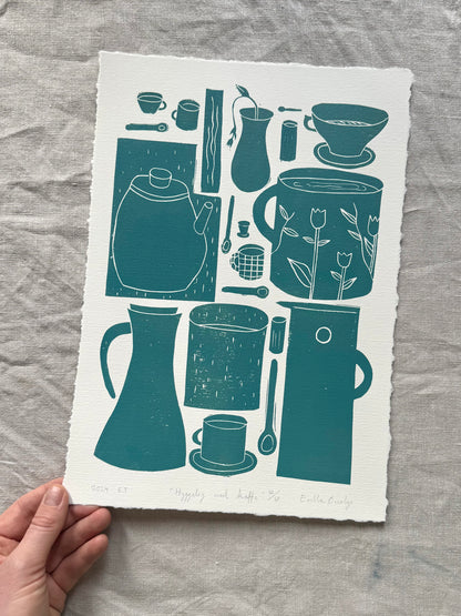 Hyggelig med kaffe  - flere farger - Originalt linosnitt