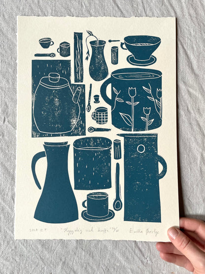Hyggelig med kaffe  - flere farger - Originalt linosnitt