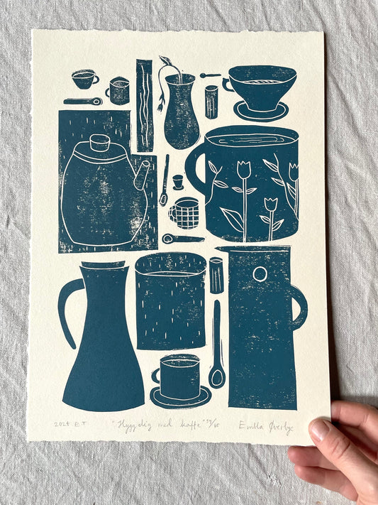 Hyggelig med kaffe  - flere farger - Originalt linosnitt