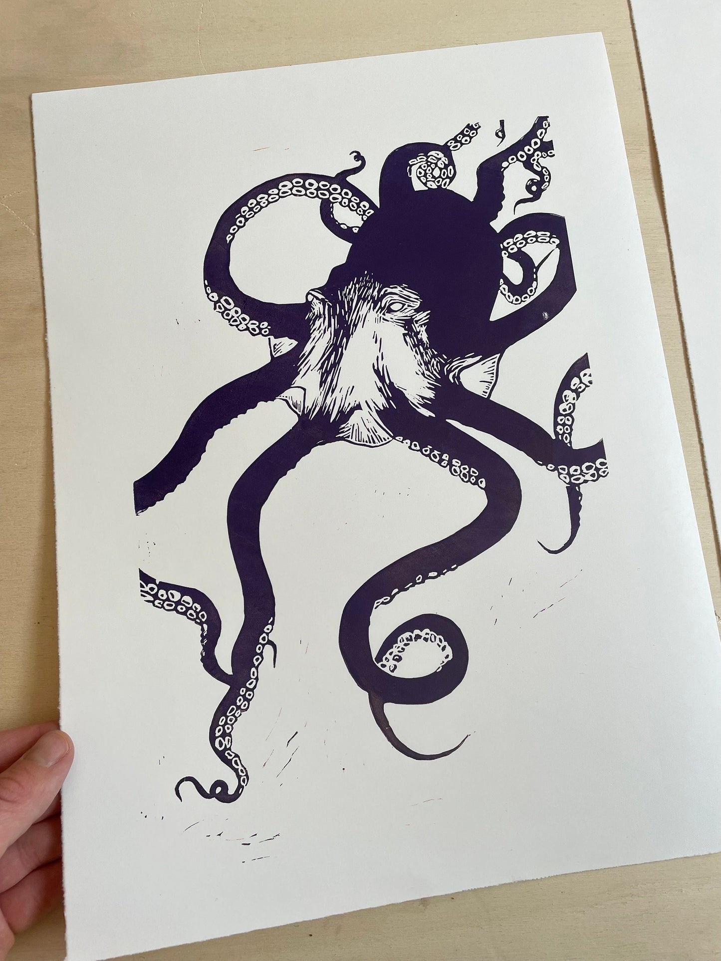 Octopus - svart/rosa/lilla/korall - Originalt linosnitt