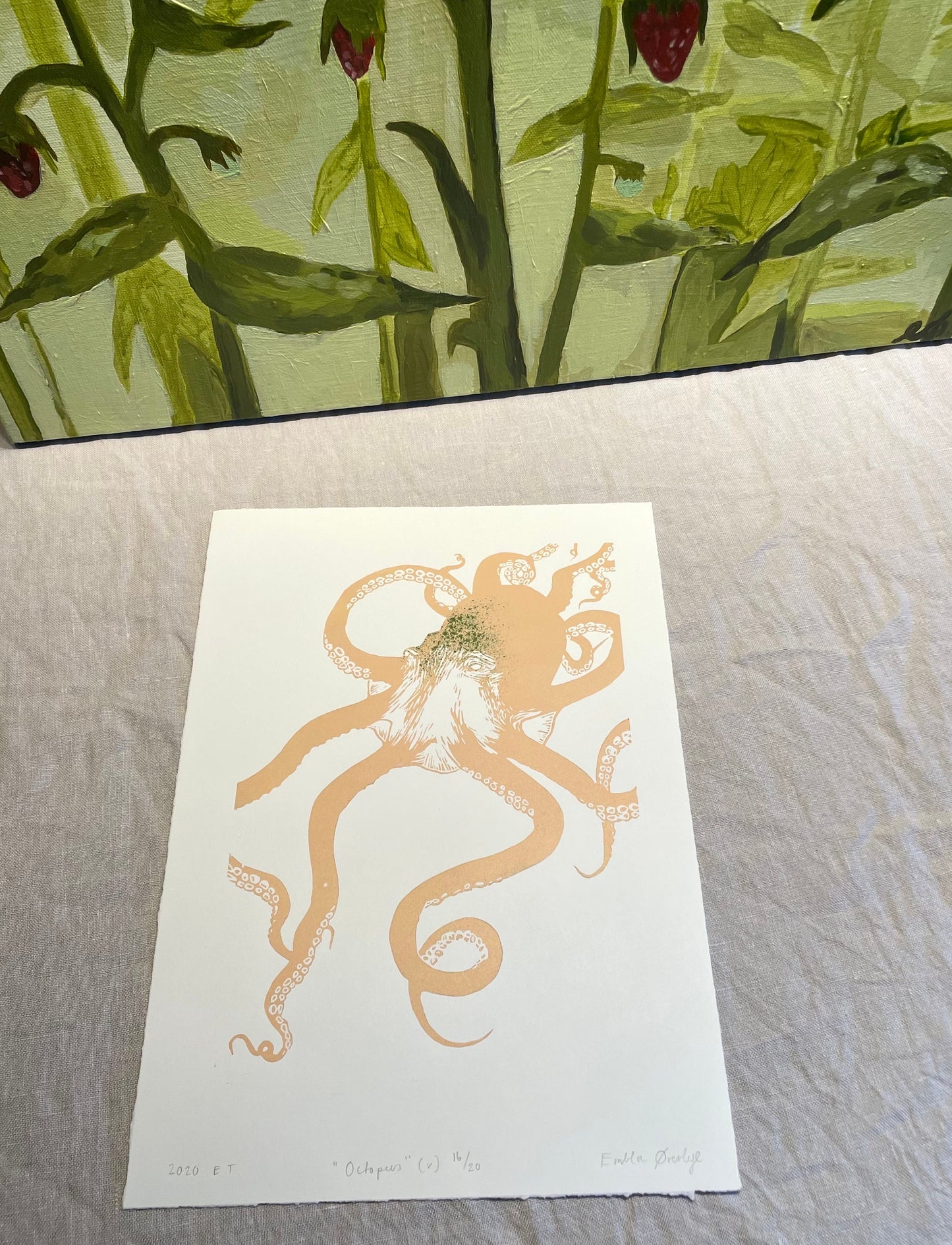 Octopus - svart/rosa/lilla/korall - Originalt linosnitt