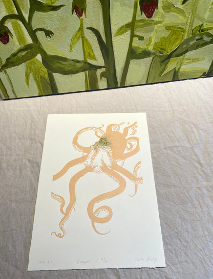 Octopus - svart/rosa/lilla/korall - Originalt linosnitt