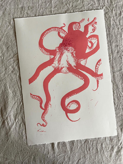 Octopus - svart/rosa/lilla/korall - Originalt linosnitt