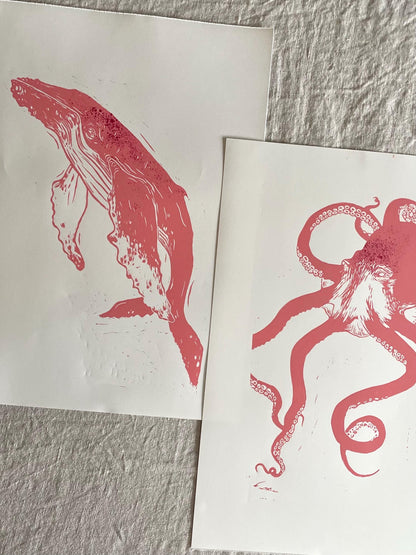 Octopus - svart/rosa/lilla/korall - Originalt linosnitt