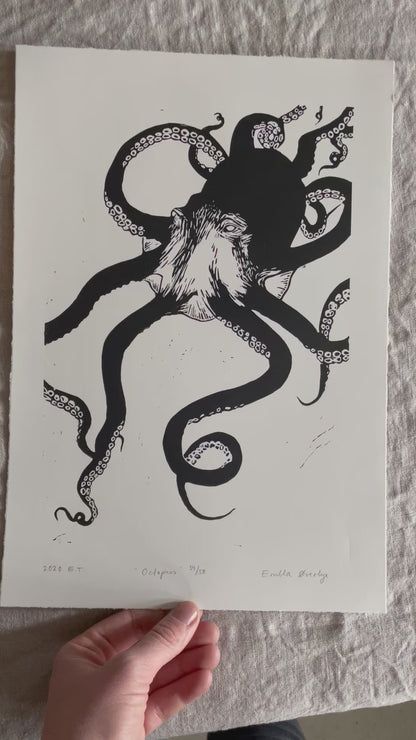 Octopus - svart/rosa/lilla/korall - Originalt linosnitt